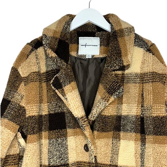 American Eagle Outfitters Brown Plaid Sherpa Teddy Coat Pockets Size Large - Picture 3 of 10